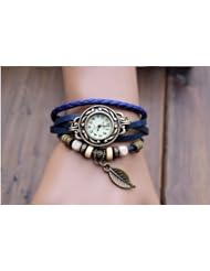 Quartz Fashion Weave Wrap around Leather Bracelet Lady Women Wrist Watch (blue)