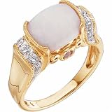 0.16 Ct.T.W. Sparkling Round Cut Diamonds, 0.14 Ct.T.W. Round Cut Pink Tourmaline, 10 mm x 8 mm Cushion Cut Cabochon Opal, 14Kt. Gold Ring
