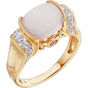 14Kt Yellow Gold Cushion Cut Cabochon Opal Diamond Ring