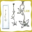 14k Gold Belly Ring Butterfly Design with Clear CZ / Dangle - Sold Individually
