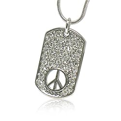 Peace Symbol White Gold Plated Crystal Stud Dog Tag Pendant Necklace Fashion Jewelry