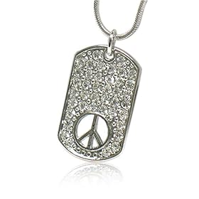 Peace Symbol White Gold Plated Crystal Stud Dog Tag Pendant Necklace Fashion Jewelry