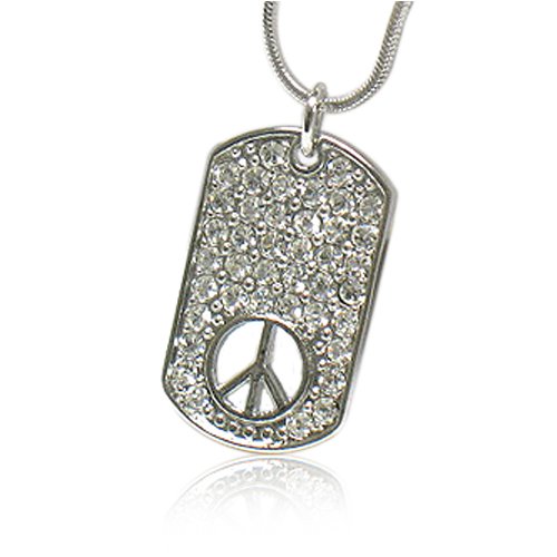 Peace Symbol White Gold Plated Crystal Stud Dog Tag Pendant Necklace Fashion Jewelry