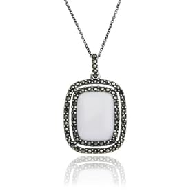 Sterling Silver Marcasite and White Agate Rectangle Pendant, 18 by Amazon.com Collection