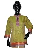 Designer Style Pear Woven Tanchoi Silk Kurti with Sari Borders Tunic Size Small India