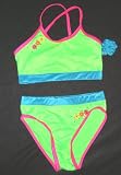 Girls 2 PC Hot Pink Color Block Tankini Swimsuit w/Applique and Matching Scrunchie