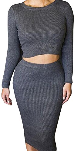 Sexy Women Long Sleeve Crop Tops+Nightclub Skirts Wool Bodycon Dress 2 Pcs 1Set