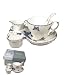 Porceline 5 Piece Tea Gift Set with Saucer, Cup, Spoon, Cream Pitcher - Blue & Silver Butterfly