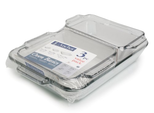 Anchor Hocking Oven Basics 3-Piece Value Pack includes 5-Quart Baking Dish, 8-Inch Square Cake Dish and 1-1/2-Quart Loaf Dish