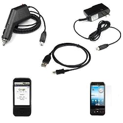 Solid Black Durable Rubber Soft Silicone Skin Cover Case + Rapid Car Charger + Home Travel Charger + Clear Durable Reusable LCD Screen Protector + USB Data Cable for T-Mobile HTC G1 Google Phone Dream Smartphone