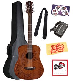 Luna Safari Series Tattoo Travel-Size Dreadnought Acoustic Guitar Bundle with Gig Bag, Strap, Tuner, Strings, Pick Card, and Polishing Cloth
