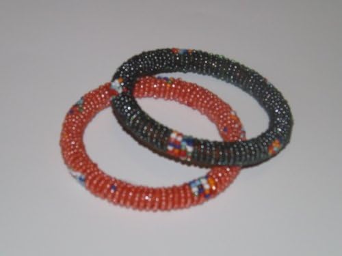 Holiday or Birthday Gift Set of 2 Black &amp; Orange Handmade Beaded Bangle for Teens &amp; Adults