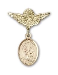 14K Gold Baby Badge with St. Zita Charm and Angel with Wings Badge Pin