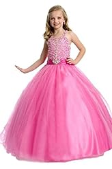 Girls Floor Length Full Length Scoop Neck  Lace Crystal   Ball Gown Pageant Dress  With Ruffles