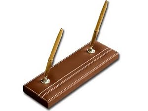 Rustic Brown Leather Pen Stand (Gold)