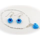 925 Sterling Silver Murano Millefiori Glass Aqua Heart Charm BRACELET and Earrings