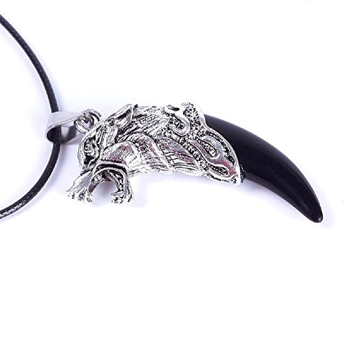 Man Wolf Tooth Pendant Leather Necklace Titanium Steel Domineering Jewelry Silver+Black