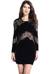 Long Sleeves Stretchy Vintage Lace Velvet Cocktail Above the Knee Club Dress/Mini Dress 