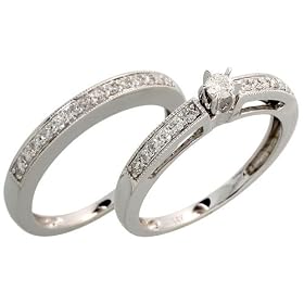 14k White Gold 2-Piece Wedding Ring Set, w/ 0.12 Carat (Center) & 0.33 Carat (Sides) Brilliant Cut Diamonds, 1/4
