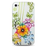 Hard Design Crystal Case Cover for Apple iPhone4, 4th Generation, 4th Gen - White Flower Floral Butterfly
