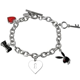 Platinum Plated Playboy Charm Bracelet Heart Lock Key Bowtie Bunny Logo Authentic Licensed Jewelry CPBB2681