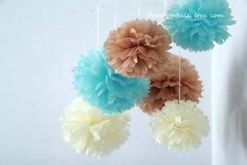 PomPomSale Brand "Baby Boy Nursery" - 7 Tissue Paper Pom Poms - Wedding / Baby Shower / Birthday Party / Nursery Decorations