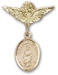 14K Gold Baby Badge with Our Lady of Victory Charm and Angel with Wings Badge Pin