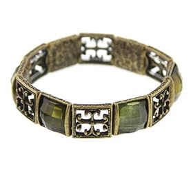Gothic Cross Brass Tone and Olivine Stretch Braclet by 1928 Jewelry