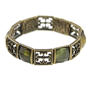 Gothic Cross Brass Tone and Olivine Stretch Braclet by 