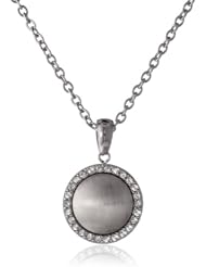Stainless Steel Rhodium Plated Satin Finish Round Crystal Pendant Necklace, 16"+2" Extender