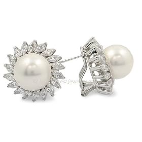 PEARL EARRINGS - 13mm Pearl Sterling Silver Marquise Cut CZ Earrings