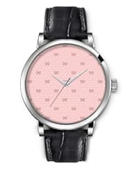 SPRAWL Aanalog Fashion Series Silver Ladies Watches of Genuine Black Leather Strap,Unique Wrist Watch for Women Girls Designed with Bows and dots on pink background