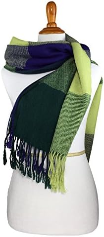 Long Shawl Scarf for Women Warm, Tartan, Multicolor Plaid Blanket Big Winter Fashion Scarves (Green Light Green Blue w Tassel)