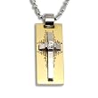 Stainless Steel Cubic Zirconia Silver Tone Cross on Gold Tone Board Pendant Necklace