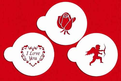 Designer Stencils C300 I Love You Cookie Stencils, (Cupid, Rose, Heart), Beige/semi-transparent