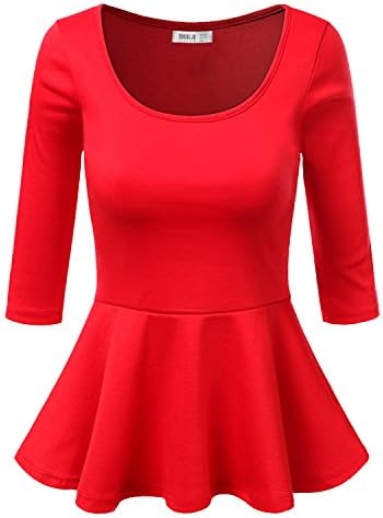 SUNNYCI 3/4 Sleeve Round Neck Shirring Fitted Peplum Top Red Small