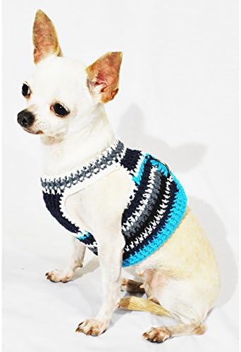 Casual Blue Turquoise Stripes Velcro Dog Harness Vest Adjustable Pet Harnesses Cotton Handmade Crocheted Comfy for Teacup Chihuahua, Puppy, Small Dogs, Medium Dogs, Big Dogs Dh56 By Myknitt - Free Shipping (XS)