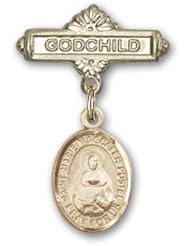 14K Gold Baby Badge with Marie Magdalen Postel Charm and Godchild Badge Pin