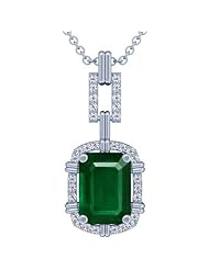 18K White Gold Emerald Cut Emerald And Round Diamond Pendant