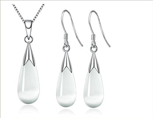 Fashion Cat's Eye Opal Teardrop Pendant Necklace and Earrings Set Moonstone Dangle Jewellry Set (White)