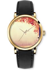 SPRAWL Aanalog Fashion Series Gold Ladies Watches of Genuine Black Leather Strap,Unique Wrist Watch for Women Girls Designed with Orange Leaf