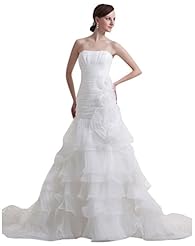 A-line Strapless Off the Shoulder Organza Ruched Crystal Beaded Tiered Wedding Dress  with a Chapel Train 