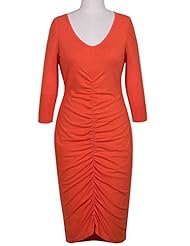 Sexy V-neck Cotton Pleated Stretchy Long Sleeves Midi Dress 