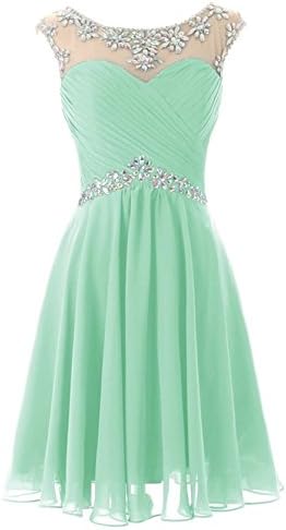 Endofjune Short Chiffon Ruffle Cap Sleeves Beaded Waist Evening Homecoming Dress US-8 Mint