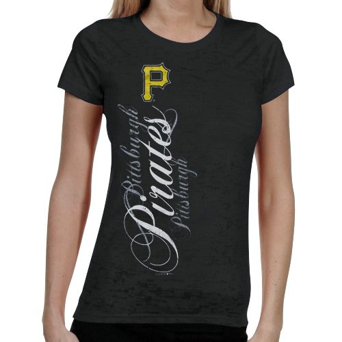 Pittsburgh Pirates Ladies Basic Sheer Burnout Premium Crew T-shirt - Black (Medium)