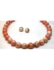 Coral Set Necklace and Earrings 17mm Mostly Fine Italian Coral Angel Skin with 0.30k Brilliant Diamonds on 14k Gold Roundels 14k Clasp Necklace and 14k Gold Jacket Earrings with Post