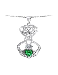 Celtic Love By Kelly (tm) Celtic Knot Claddagh Heart Pendant with Heart Shape Simulated Emerald in 925 Sterling Silver
