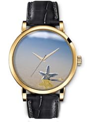 SPRAWL Aanalog Fashion Series Gold Ladies Watches of Genuine Black Leather Strap,Unique Wrist Watch for Women Girls Designed with L Starfish on sand