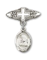 Sterling Silver Baby Badge with St. Joshua Charm and Badge Pin with Cross
