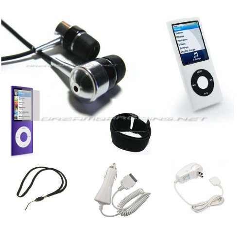 Childrens Toyshop  Third Party New : DreamBargains Premium Nano 4th Generation 8GB 16GB Accessory Bundle Kit - Protective Silicone Sleeve - White + Adjustable Sport Armband - Black + Screen & Click Wheel Protector Film + Travel Charger - White + Car Charger - White + Durable Metallic Sound Isolating In-Ear Earbud Earphones - Black + Neckstrap - Black